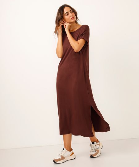 vestido de viscose longo com fenda marrom PP