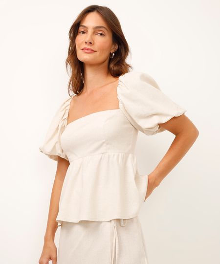 blusa com linho manga balonê bege P blusa com linho manga balonê bege P