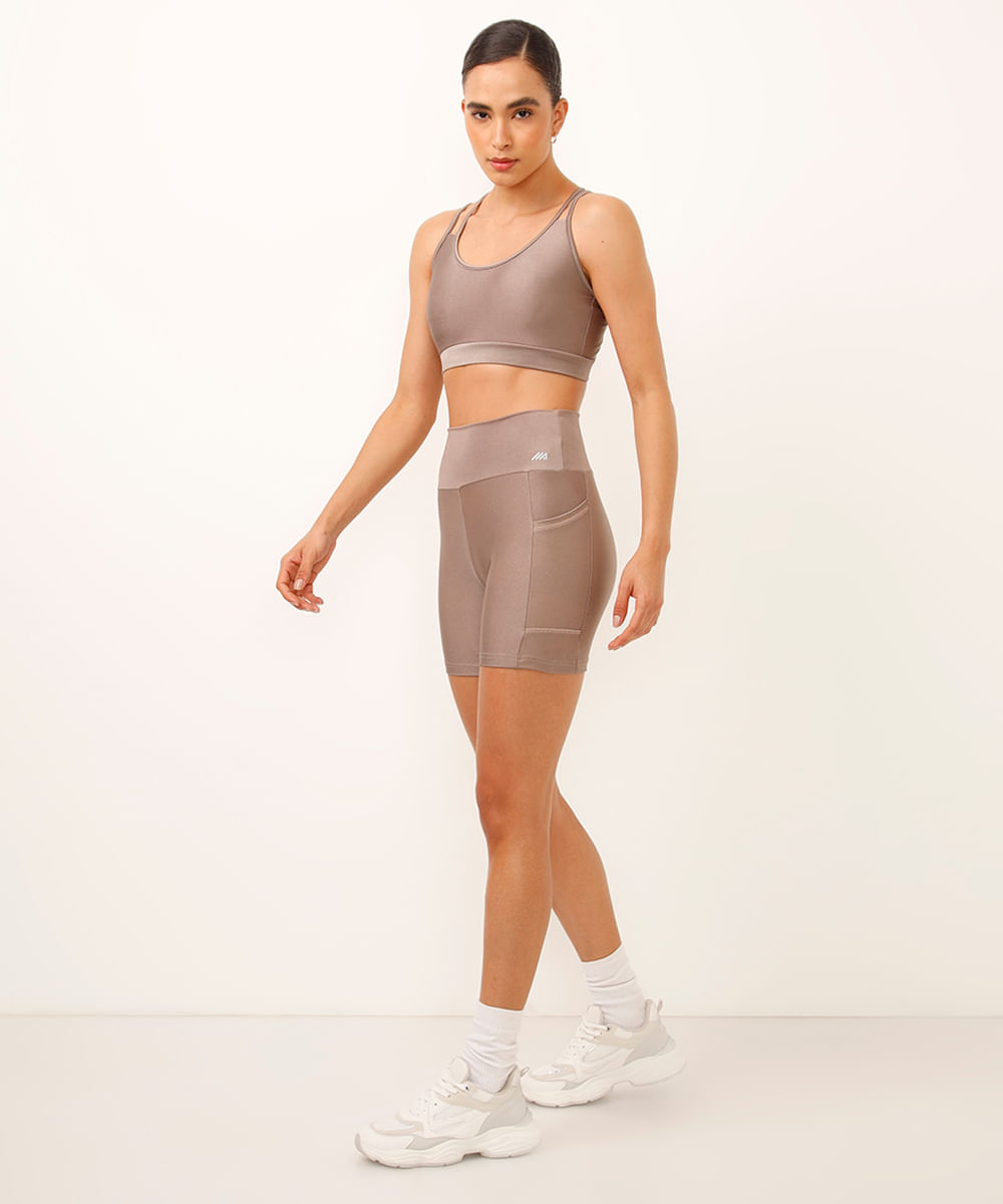 bermuda brilho com bolso cintura alta esportiva ace marrom