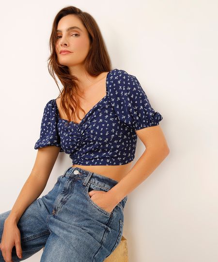 cropped decote coração manga bufante floral azul M