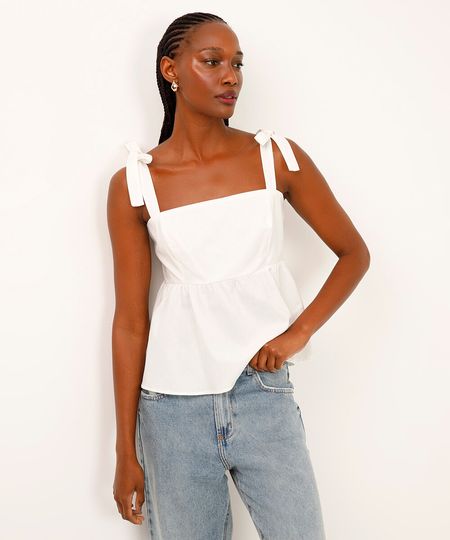 blusa de algodão evasê com amarração  off white PP blusa de algodão evasê com amarração  off white PP