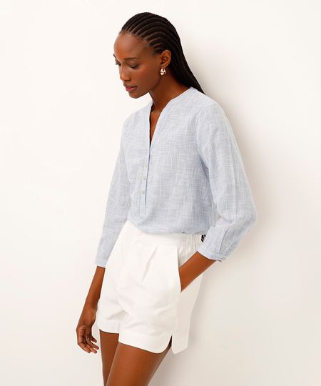 bata de algodão manga longa listrada azul PP bata de algodão manga longa listrada azul PP