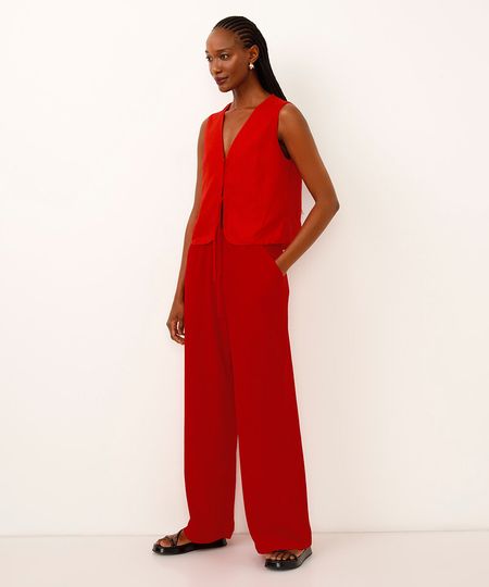 calça wide leg com bolsos texturizada vermelha P