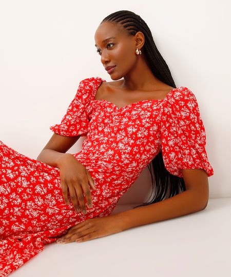 vestido midi de viscose manga bufante floral vermelho PP