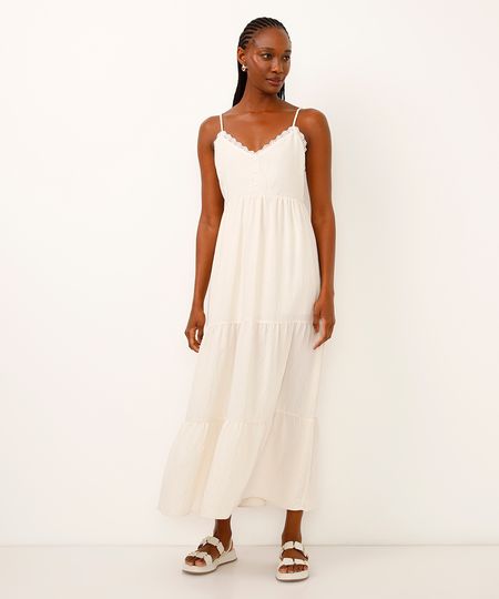 vestido midi texturizado com renda marias bege GG