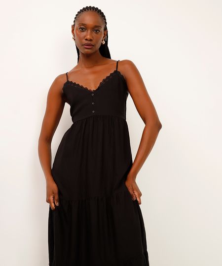 vestido midi texturizado com renda marias preto M