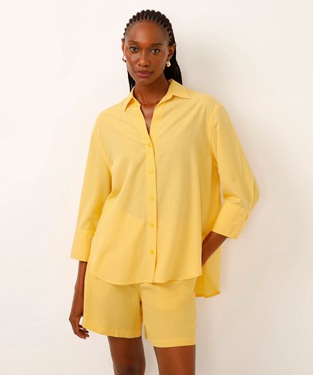 camisa com linho amarela M camisa com linho amarela M