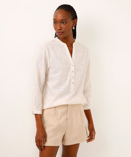 bata de algodão manga longa listrada bege PP bata de algodão manga longa listrada bege PP