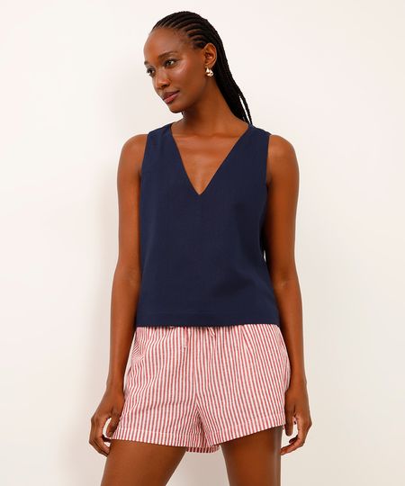 regata com linho decote v azul marinho P regata com linho decote v azul marinho P