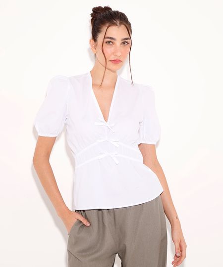 blusa de algodão manga bufante com amarração mindset branca PP blusa de algodão manga bufante com amarração mindset branca PP