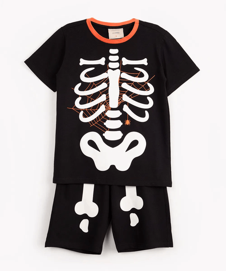 pijama infantil de algodão curto esqueleto preto 2