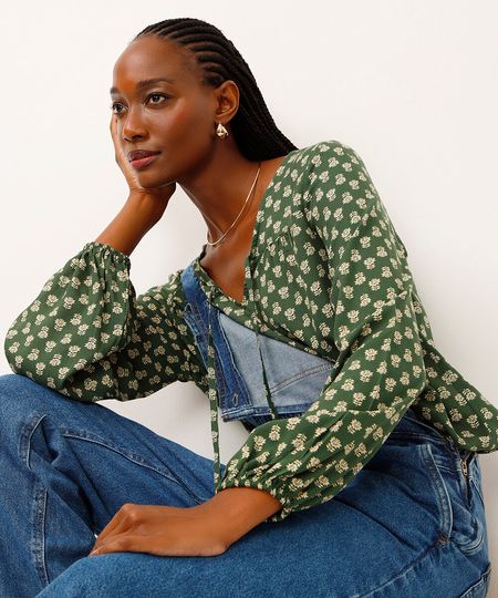 bata de viscose manga bufante floral verde P bata de viscose manga bufante floral verde P