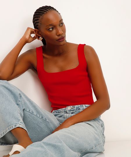 regata de tricot decote quadrado - vermelho PP regata de tricot decote quadrado - vermelho PP