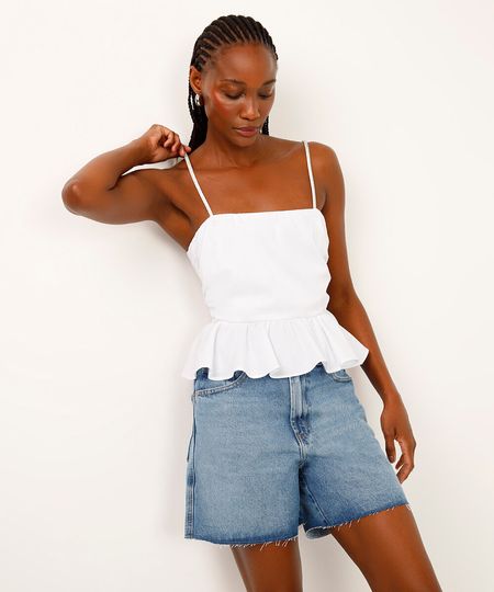 regata com babado alça fina de strass off white PP regata com babado alça fina de strass off white PP