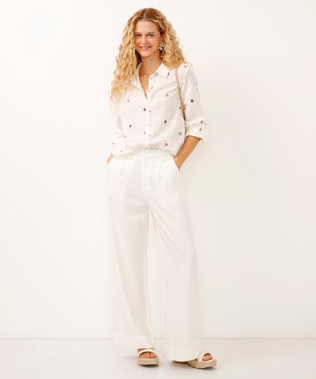 calça wide leg de viscose cintura alta off white 40