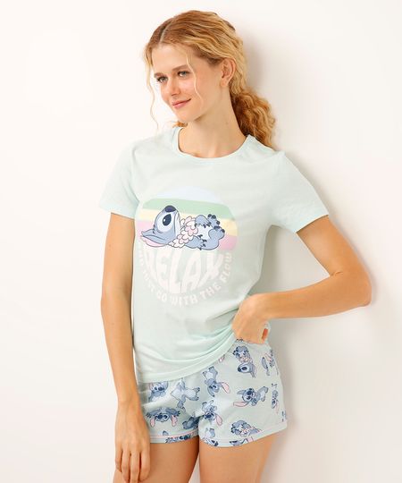 pijama short doll de algodão stitch verde P