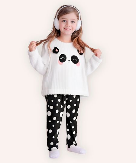 pijama longo infantil de pelúcia panda e poá off white 4