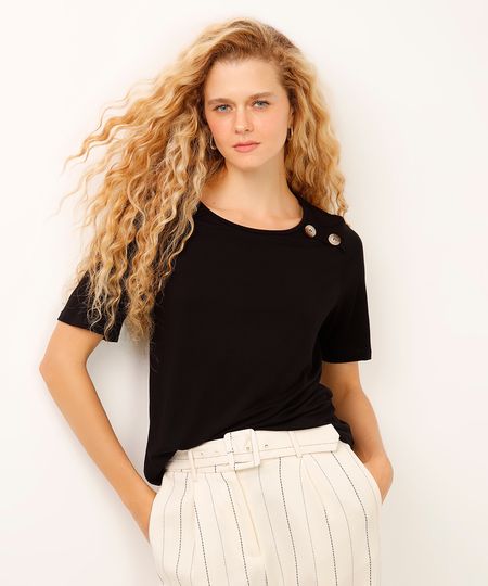blusa de viscose manga curta com botões preta M