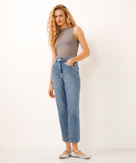calça mom jeans cintura alta com brilhos azul 34