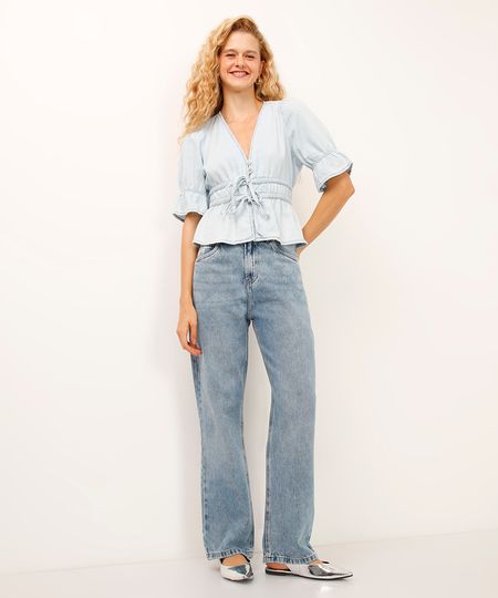 calça reta jeans cintura média azul 40