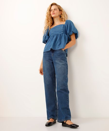 calça reta jeans relaxed cintura média azul 34