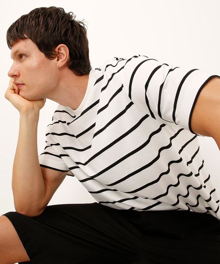 camiseta de algodão manga curta listrada off white M