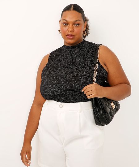 regata de viscose gola alta poá plus size preta GG1