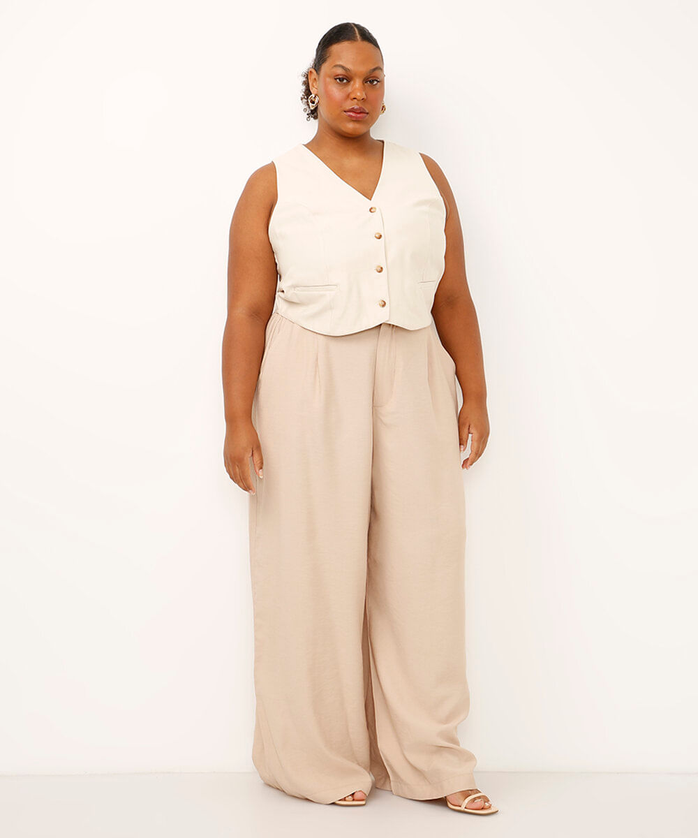 calça de alfaiataria feminina com pregas plus size bege