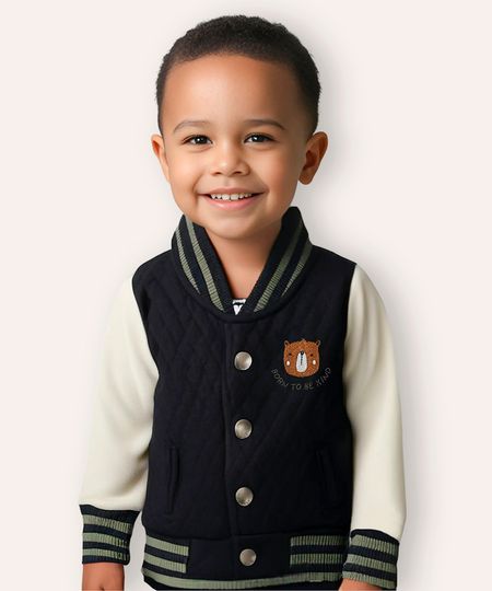 jaqueta bomber de moletom infantil urso matelassê azul marinho 3-6