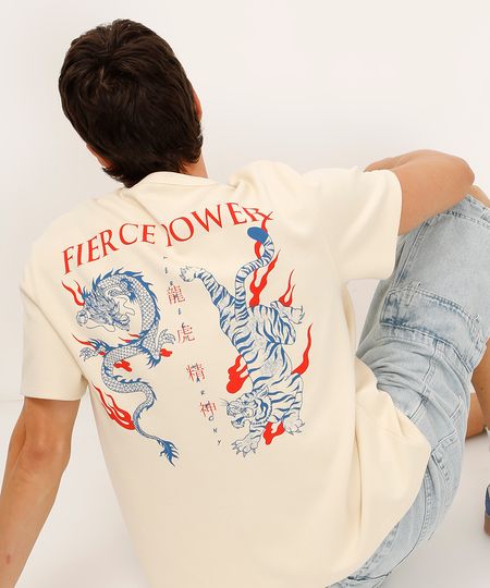 camiseta de algodão tigre e dragão bege M