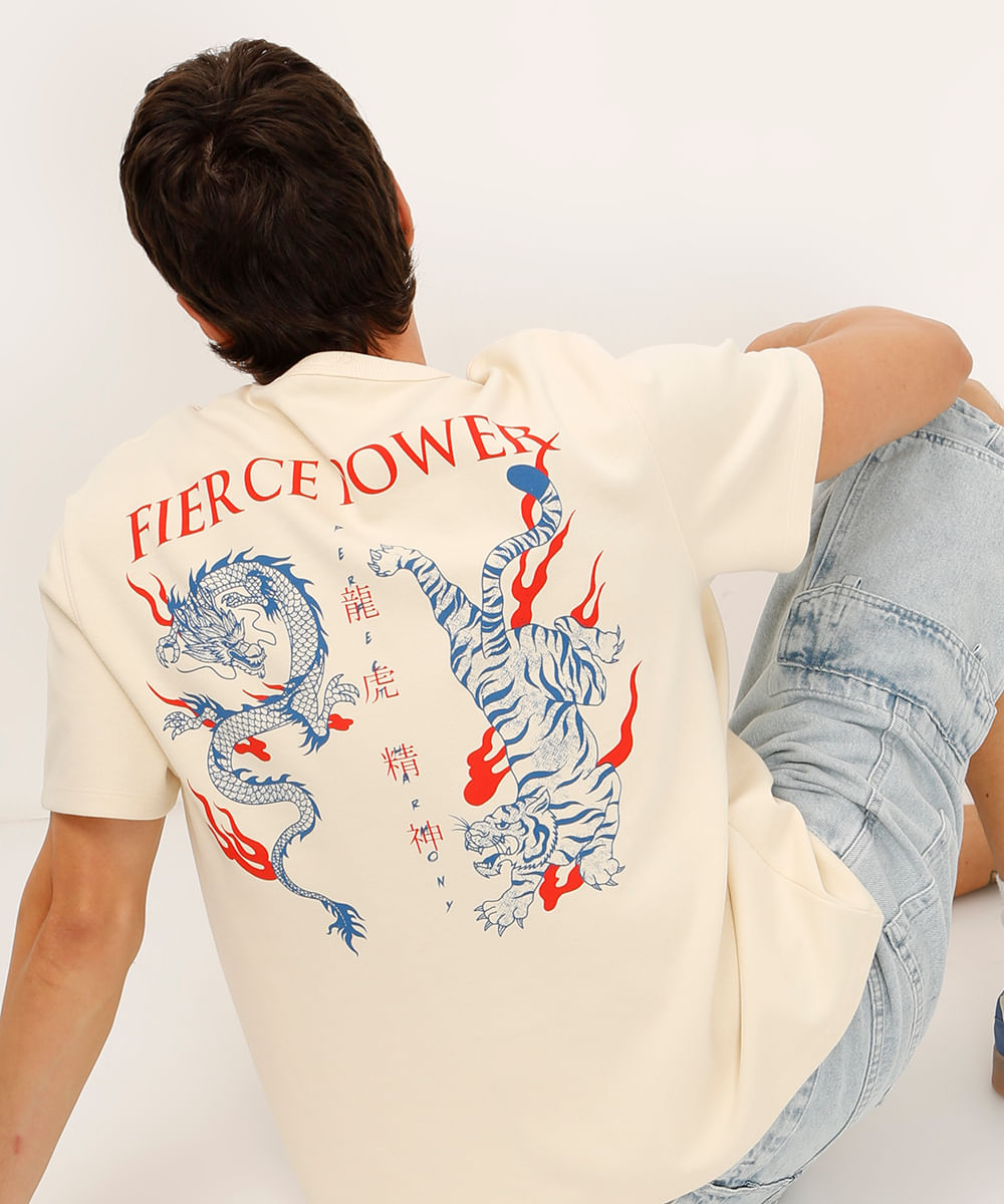 camiseta de algodão tigre e dragão bege