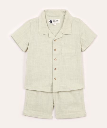 conjunto de algodão texturizado camisa manga curta verde 0-3