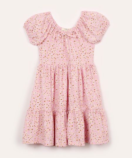 vestido midi infantil manga bufante floral rosa 6