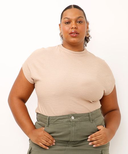 blusa de viscose gola alta manga japonesa plus size bege GG3