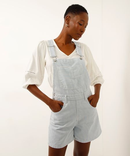 jardineira curta de sarja listrada azul 36 jardineira curta de sarja listrada azul 36