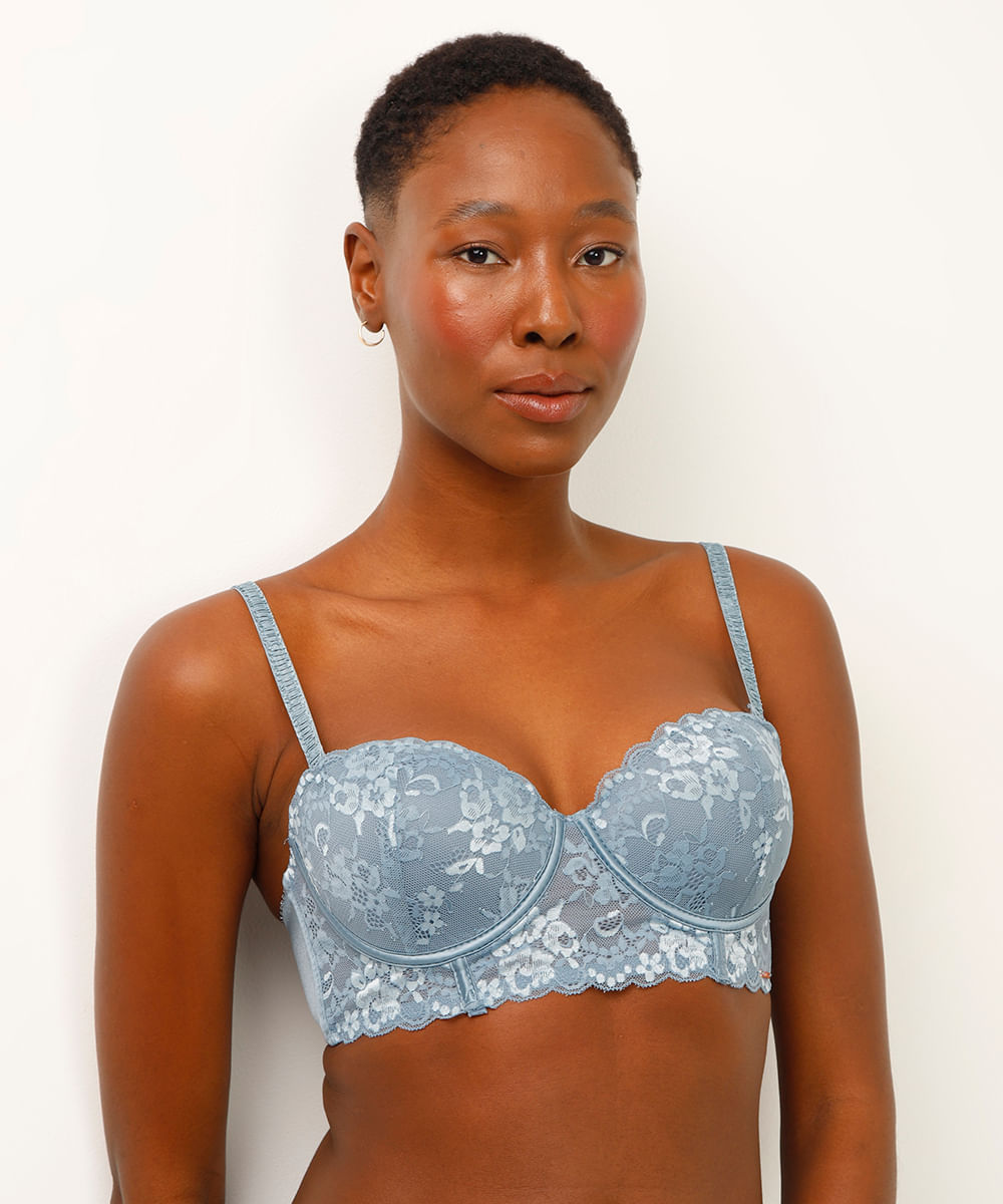 sutiã meia taça com renda floral azul