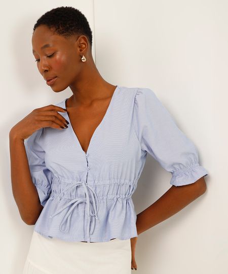 blusa com laços manga bufante listrada azul M