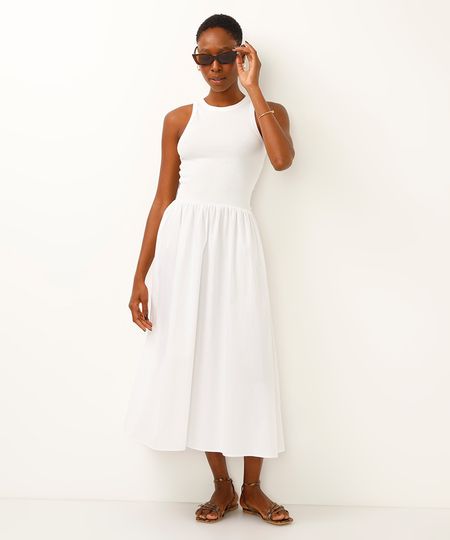 vestido midi canelado saia volumosa - off white P