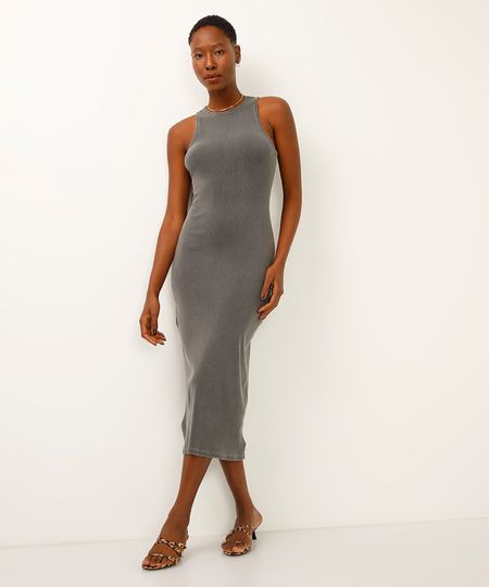 vestido midi halterneck canelado cinza M vestido midi halterneck canelado cinza M