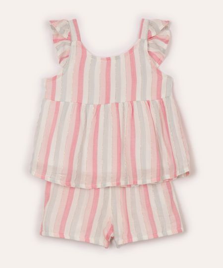 conjunto infantil curto com linho e lurex listrado colorido 0-3