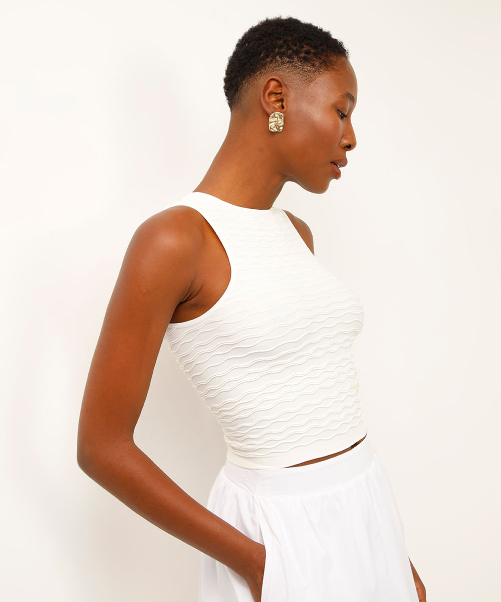 cropped de poliamida texturizado off white