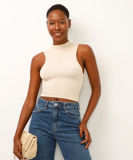 cropped de poliamida texturizado gola alta bege M cropped de poliamida texturizado gola alta bege M