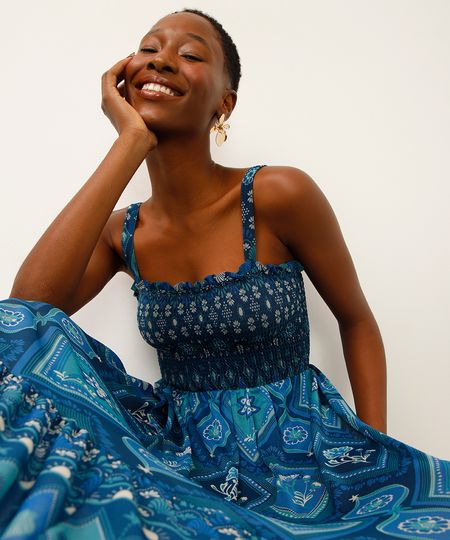 vestido midi de tule com lastex alça fina azul P