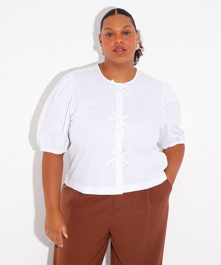 camisa de algodão manga bufante plus size mindset off white GG3