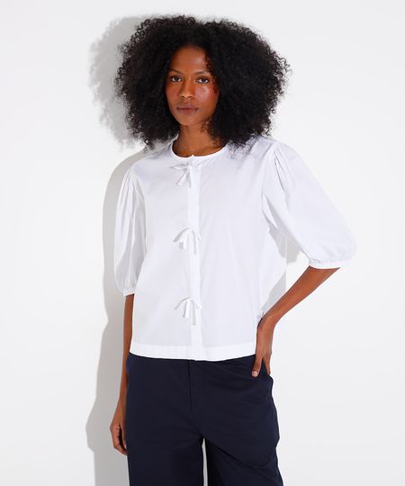 camisa de algodão manga bufante com laço mindset off white G