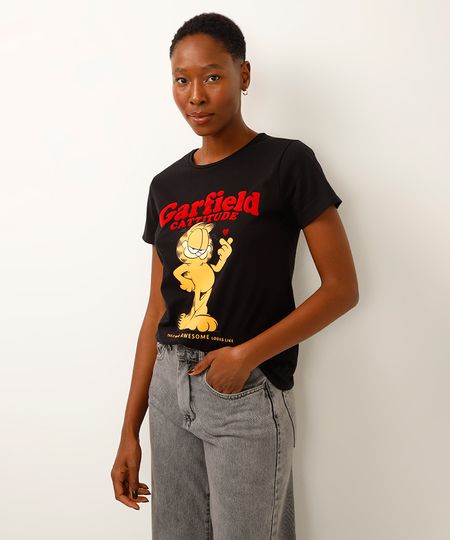 camiseta de algodão garfield preta P