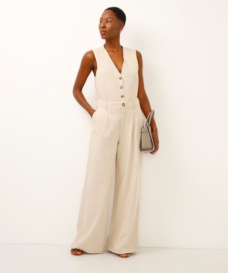 calça wide leg de alfaiataria com linho bege 46