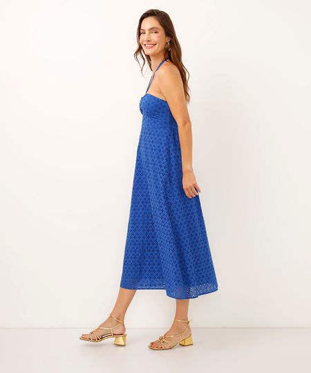 vestido midi de laise decote coração azul PP