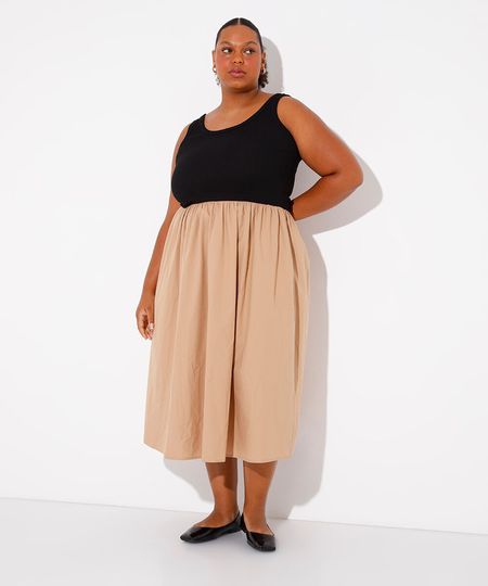 vestido midi de algodão saia volumosa plus size mindset bege GG3