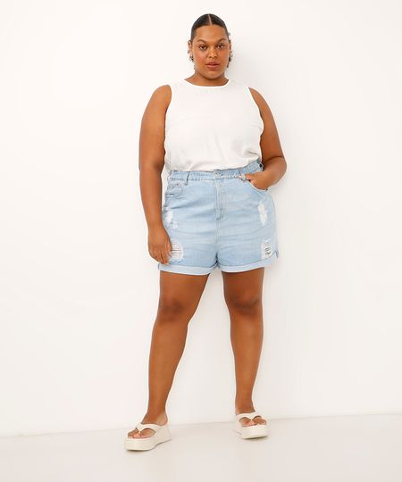 short mom jeans plus size destroyed cintura super alta azul 56 short mom jeans plus size destroyed cintura super alta azul 56